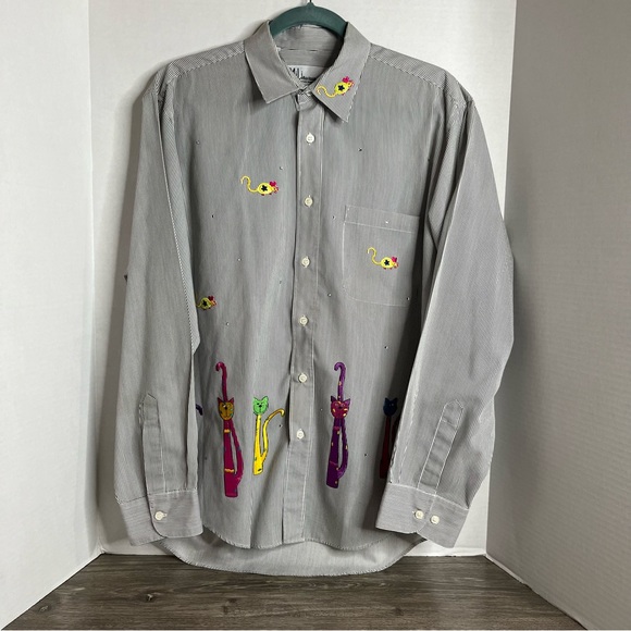 Vintage MiLi Colorful Applique Cat Mice Blouse Sequins Large Striped Long Sleeve - Picture 1 of 11